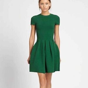 Ganni Anthropologie green textured short sleeve fit and flare Pleats dress Sz XS